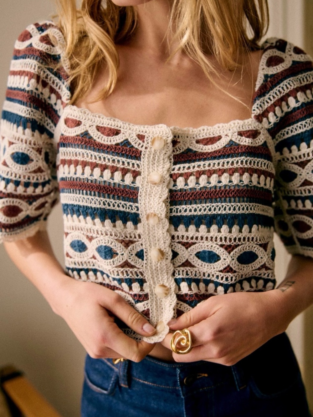 NWT Sezane Breah Blouse in Ecru with Chestnut and Midnight Blue Stripes S